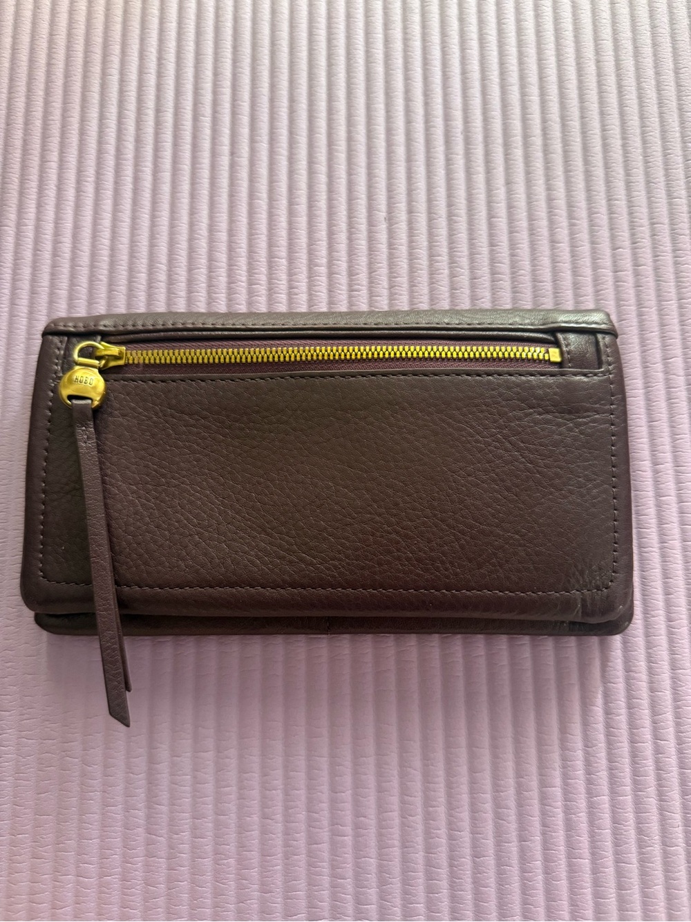 HOBO Dark Brown Leather Wallet with Gold Zip Accent